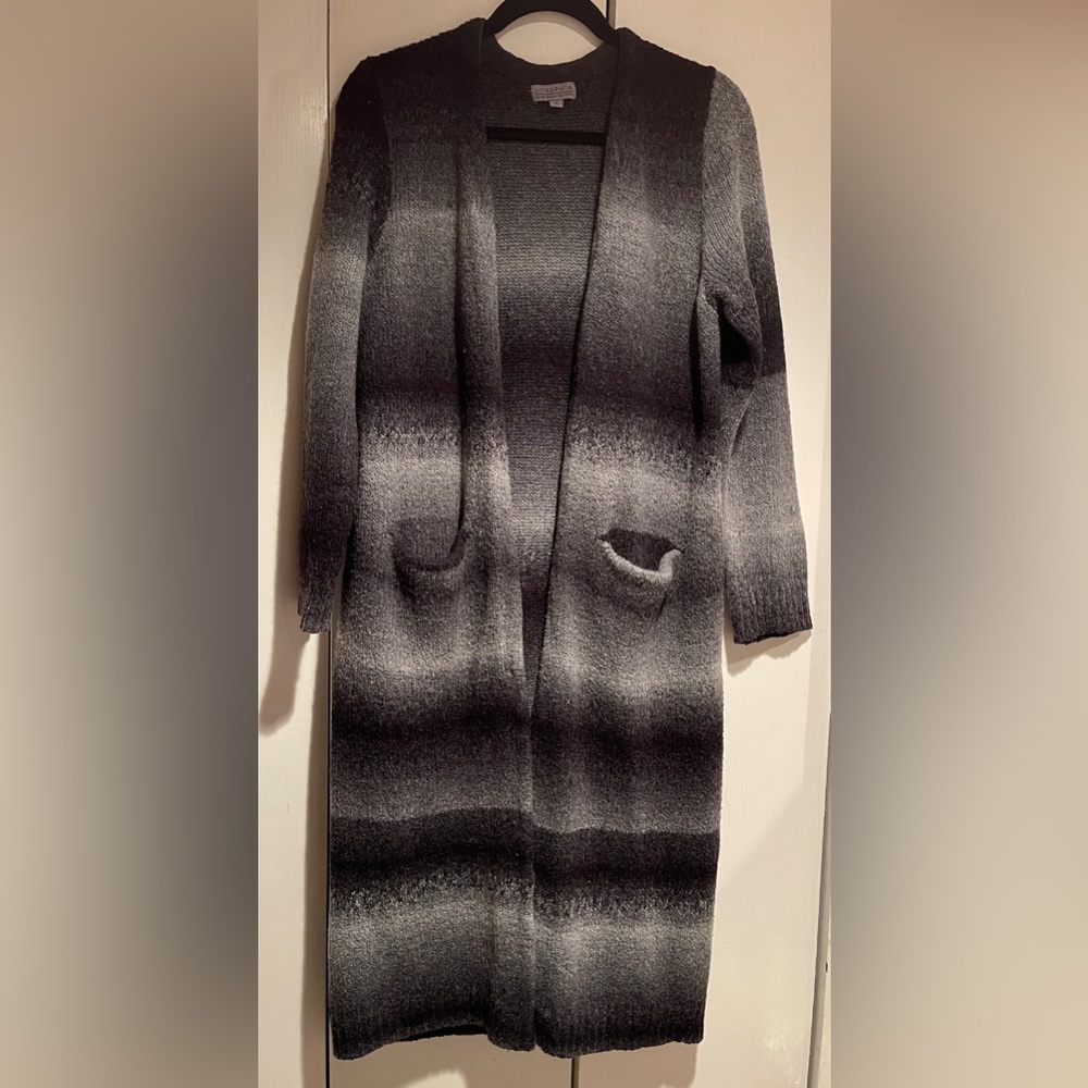 Joseph A Ombré Long Sweater Cardigan M Black,White,Gray Stripes